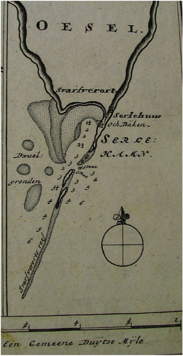 Sõrve tuletorn 1695. aasta Rootsi merekaardil. Tallinna Linnaarhiiv.